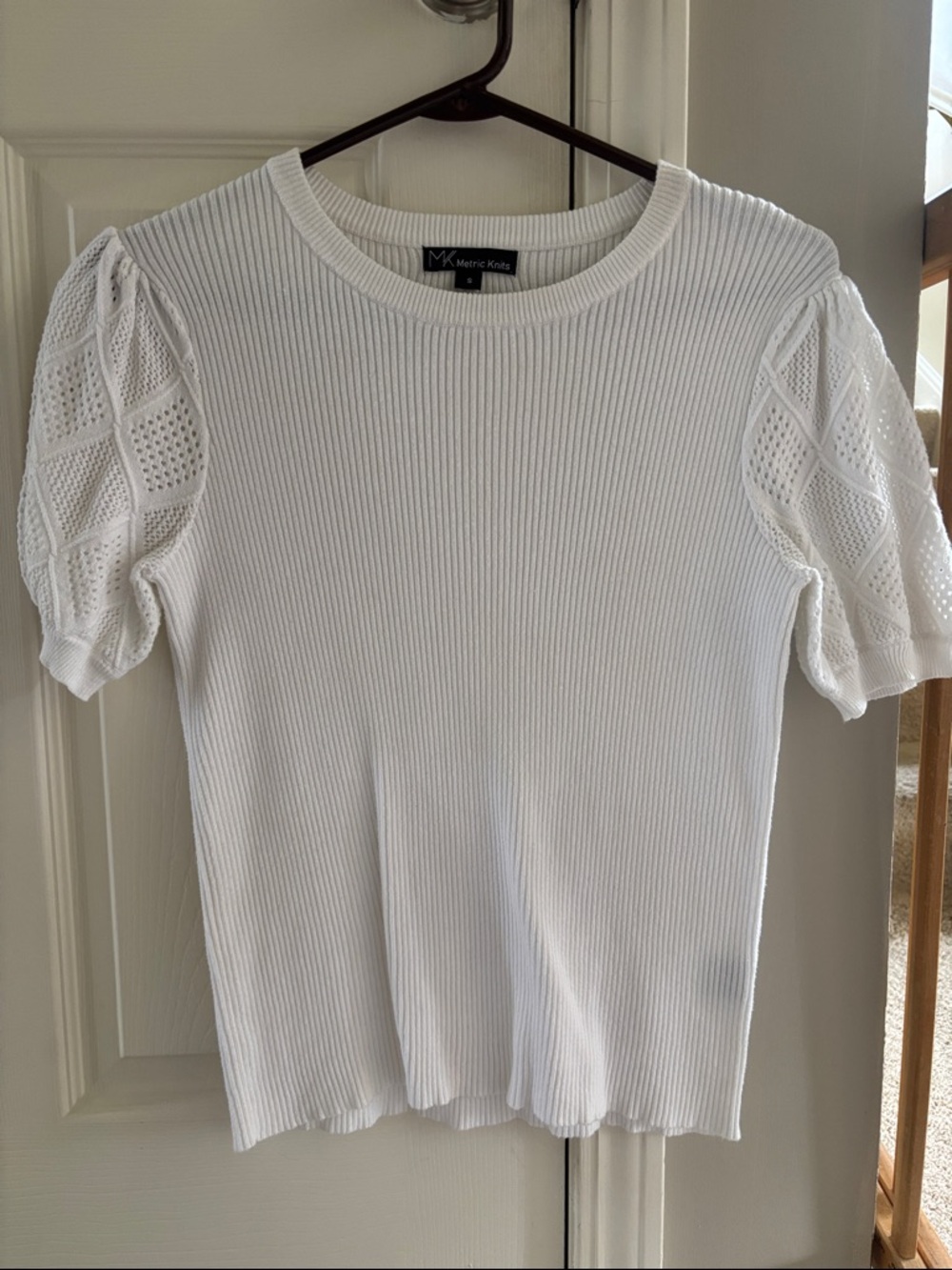 Metric Knits White Ribbed Short Sleeve Top with Crochet Puff Sleeves